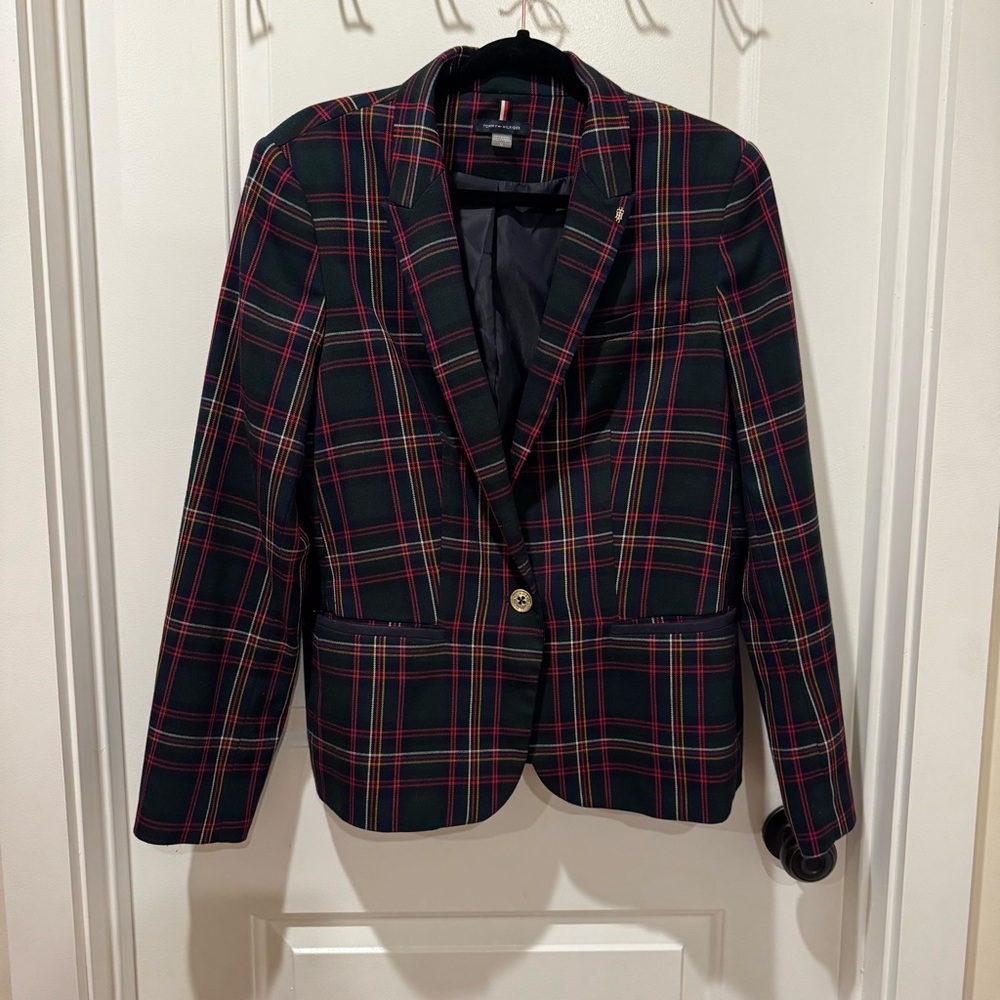 Tommy Hilfiger Women Green Plaid Single-Button Blazer - Picture 4 of 8